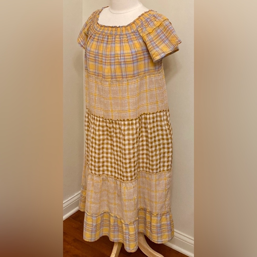 Easel Brown Yellow Blue Plaid Gingham S Country Garden Picnic Cottagecore Dress - Picture 6 of 13